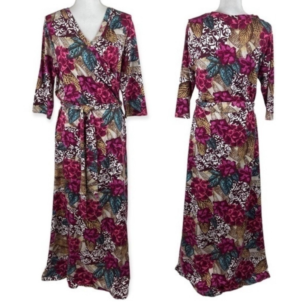 🌺NWOT-Soft Surrounding Bold Floral Faux Wrap Maxi Dress, 3/4 Sleeves. L, Large